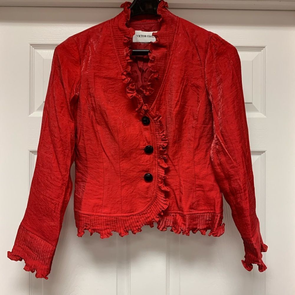 Victor Costa Red Shimmer Ruffle Jacket sz S EUC